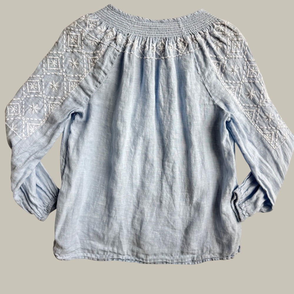 Joie Blue 100% Linen Embroidered Peasant Blouse Tassel Tie Top Size Medium - Picture 4 of 9